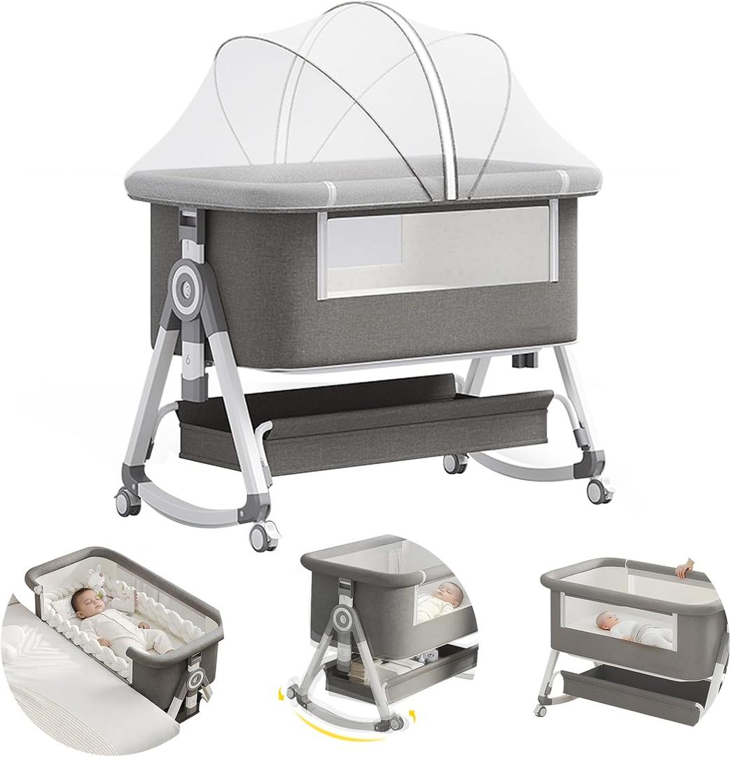 4 in 1 Baby Bassinet, Rocking Bassinets Bedside Sleeper with Comfy Mattress and Wheels, 6 Height Adjustable Easy Folding Portable Bedside Crib for Newborn Infant