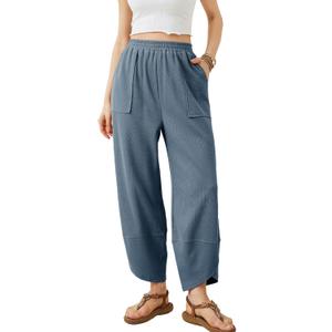 Xiaoxuemeng Womens Baggy Wide Leg Pants Casual Elastic Waisted Palazzo Harem Pants with Pockets (M, Blue)