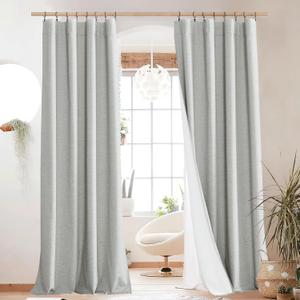 NICETOWN Grey Long Linen Full Shade Panels, Pair of Thermal Insulated & Energy Efficiency Blackout Curtains for Living Room Windows, Lined Silky Performance Window Dressing (52" Wide x 95" Long)