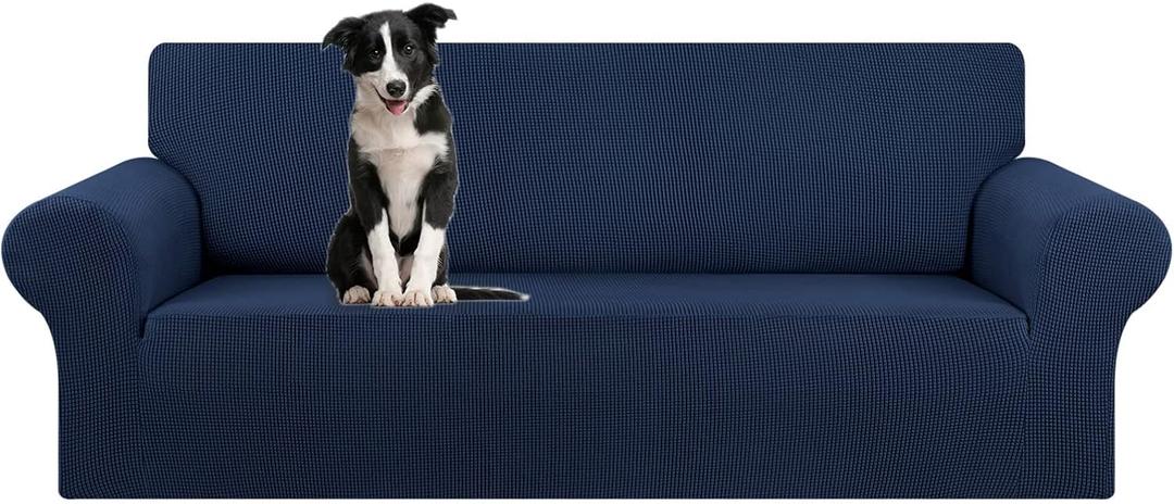 KEKUOU Stretch Oversized Sofa Slipcover 1 Piece Couch Sofa Cover (94"-110") Furniture Protector 4 Seater Sofa with Elastic Bottom for Kids,Pet.Jacquard Checked Pattern Fabric(X Large,Navy Blue)