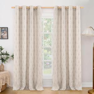 BGment Camel Curtains for Living Room 96 Inches Long, Natural French Country Curtains Sheer Linen Grommet Window Drapes Boho Leaf Jacquard Patterned for Farmhouse Bedroom, 2 Panels Set, 52 x 96 Inch