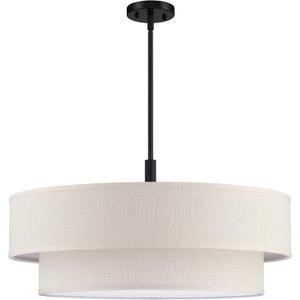 6 Light 26 Inch Cream Fabric Shade Hanging Pendant Ceiling Light Fixture,Adjustable Rod Semi Flush Mount Light Black Finish for Bedroom,Living Room,Dining Room Hallway