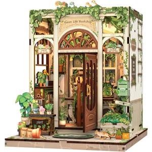Fsolis Book Nook Kit, 3D Wooden Puzzles for Adults DIY Miniature House Kit Mini Building Kit Booknook Bookstore Bookshelf Diorama Gifts for Women Book Lovers (Green Life's Bookshop), 1:24
