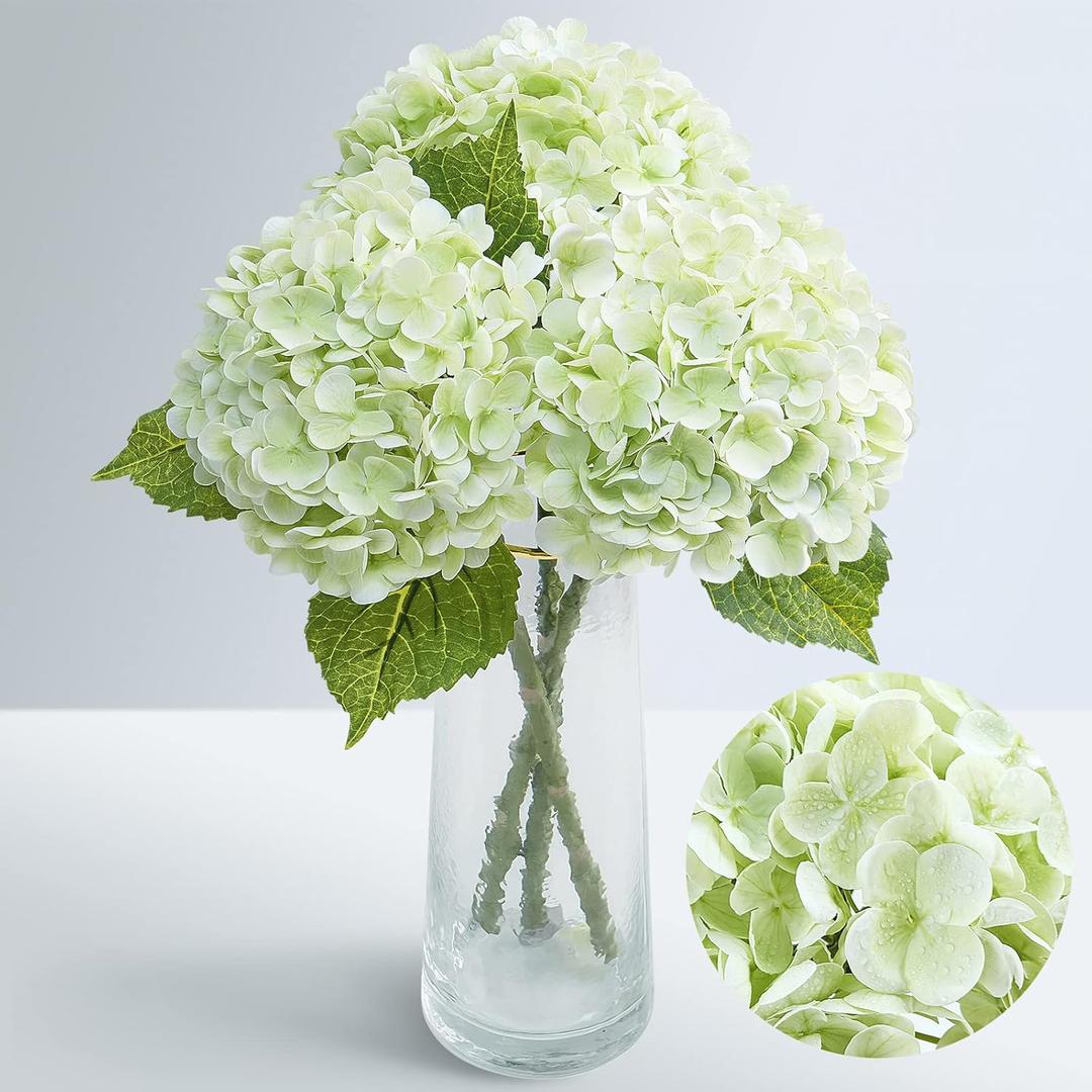 Waipfaru 21" Real Touch Green Hydrangea Artificial Flowers with Long Stem & Leaves, Full Latex Faux Hydrangea Flowers for Home Decor Party Floral Arrangements Wedding Bouquets Centerpieces, 5Pcs