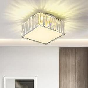 HCCZ 5 Lights Crystal Flush Mount Ceiling Light Fixture H 5.9'' x W 12.2'' Modern Close to Ceiling Lighting for Hallway Bathroom Closet Bedroom Kitchen Entryway Square G9 Socket Silver