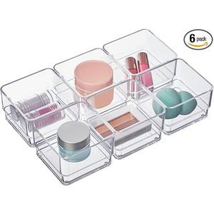 STORi SimpleSort 6-Piece Stackable Clear Drawer Organizer Set | 3" x 3" x 2" Square Trays | Small Makeup Vanity Storage Bins and Office Desk Drawer Dividers | Made in USA