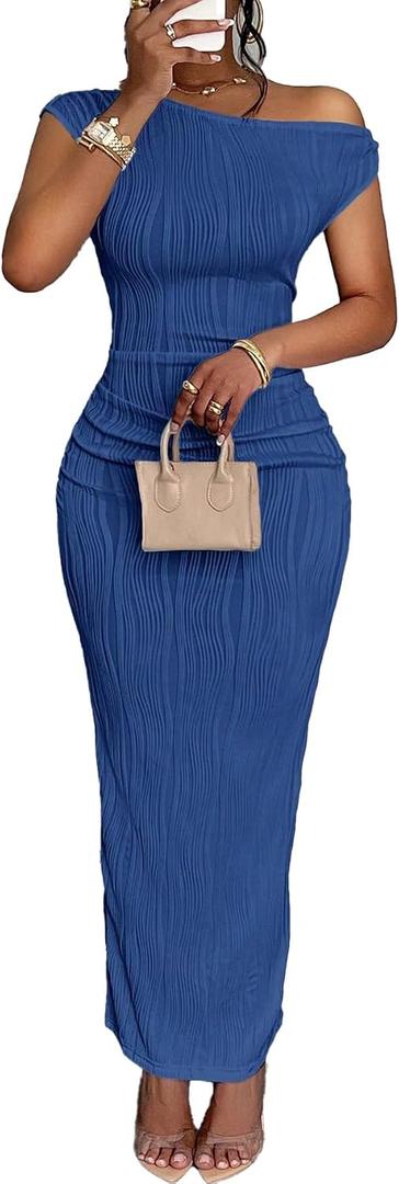Narecte Summer Dresses for Women One Shoulder Bodycon Sexy Club Dress Elegant Formal Dresses Maxi Dress (Blue, M)