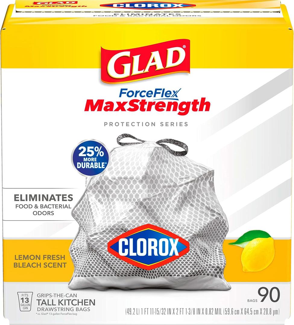 Glad ForceFlex MaxStrength with Clorox Trash Bags, 13 Gal, Lemon Fresh Bleach, 90 Ct, Pack May Vary (90 Count (Pack of 1))