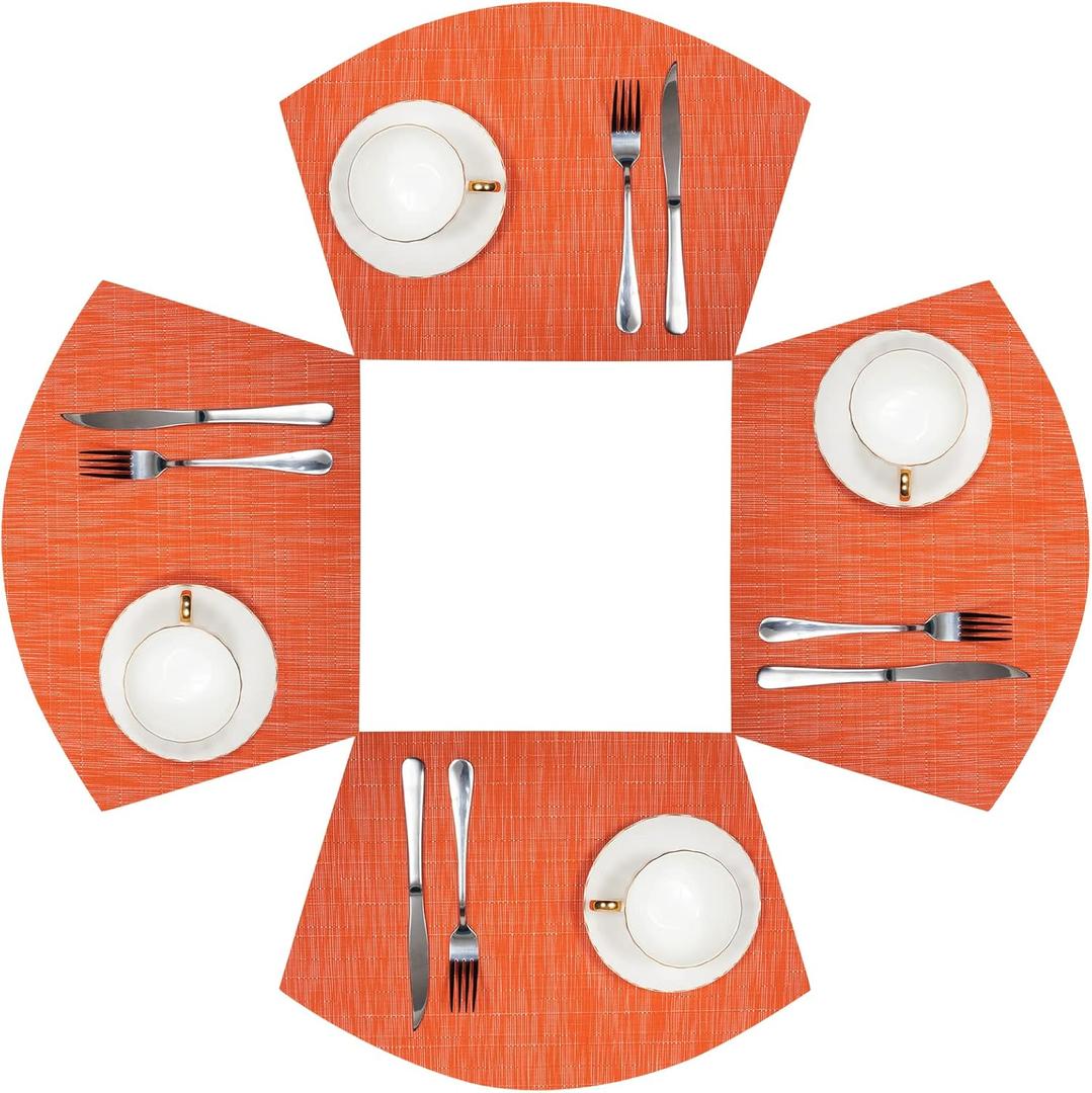 SHACOS Small Round Table Placemats Set of 4 Wedge Placemats Heat Resistant Woven Vinyl Table Mats Wipe Clean (4, Orange)