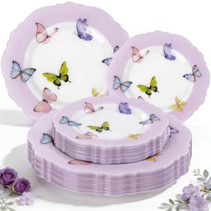 WDF 20PCS Purple Butterfly Plates - Baroque Spring Plates Disposable - Butterfly Party Decorations for Birthdays/Tea Party/Bridal Shower/Mother's Day