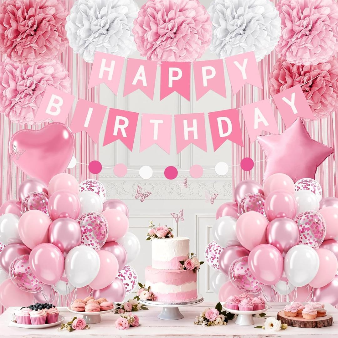Pink Birthday Decorations with Pink Paper Pompoms Pearl White Balloons Banner Fringe Curtain for Birthday Decorations for Women