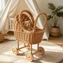 Vintage Wicker Stroller-Style Flower Basket with Wheels,Woven Rattan Stroller Shaped Flower Basket,Perfect for Wedding Party Flower Decorations and Gifts for New Parents