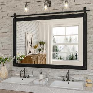 Farmhouse Bathroom Mirror, 48x36 Inch Black Vanity Mirror for Wall, Wood Framed Rustic Mirror Rectangular Wall Decor Mirrors for Entryway Living Room Bedroom