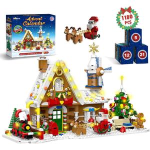 Shemira Advent Calendar 2025 Gingerbread House Building Toy Set with Lights, 24 Days Christmas Countdown Calendar Building Blocks, Advent Calendar Christmas Gifts Toys for Adults Teens Kids, 1180 PCS