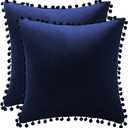 DEZENE Couch Pillow Cases 24x24 Navy: 2 Pack Cozy Soft Pom-poms Velvet Square Throw Pillow Covers for Farmhouse Home Decor 