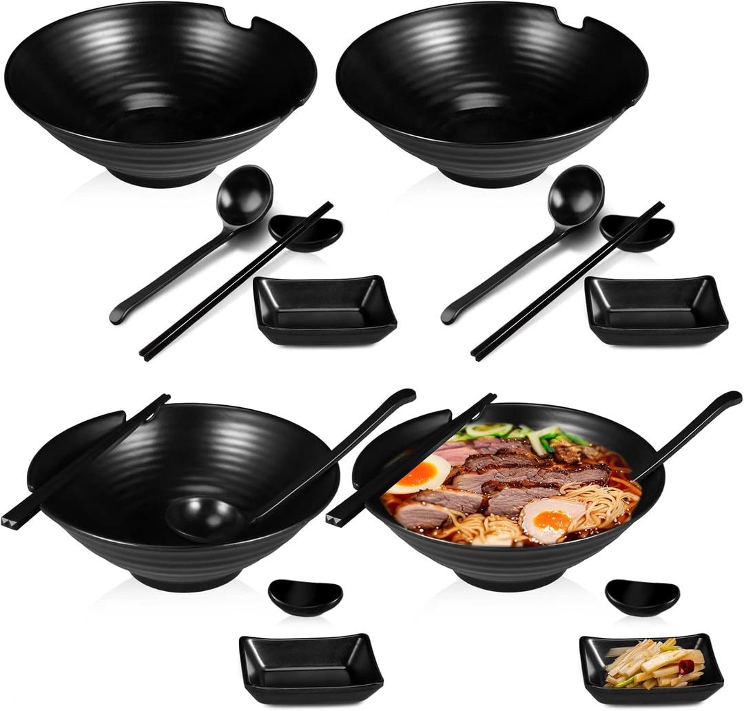 4 Sets Japanese Ramen Bowl Set 37 oz Black Large Ramen Noodle Bowl Asian Chinese Korean Miso Soup Bowl with Spoons Chopsticks Saucers and Chopsticks Holders for Pho Udon Thai Soba
