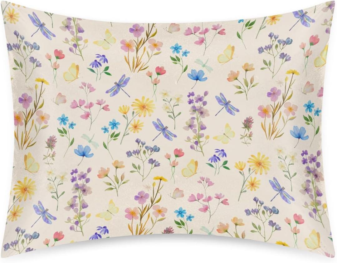 Wildflower Satin Pillowcase for Women, Pastoral Style Silk Pillowcase with Zipper, Cooling Satin Pillow Covers for Hair and Skin, Standard Size, Warm Living Home Decoration, 20x26 Inches