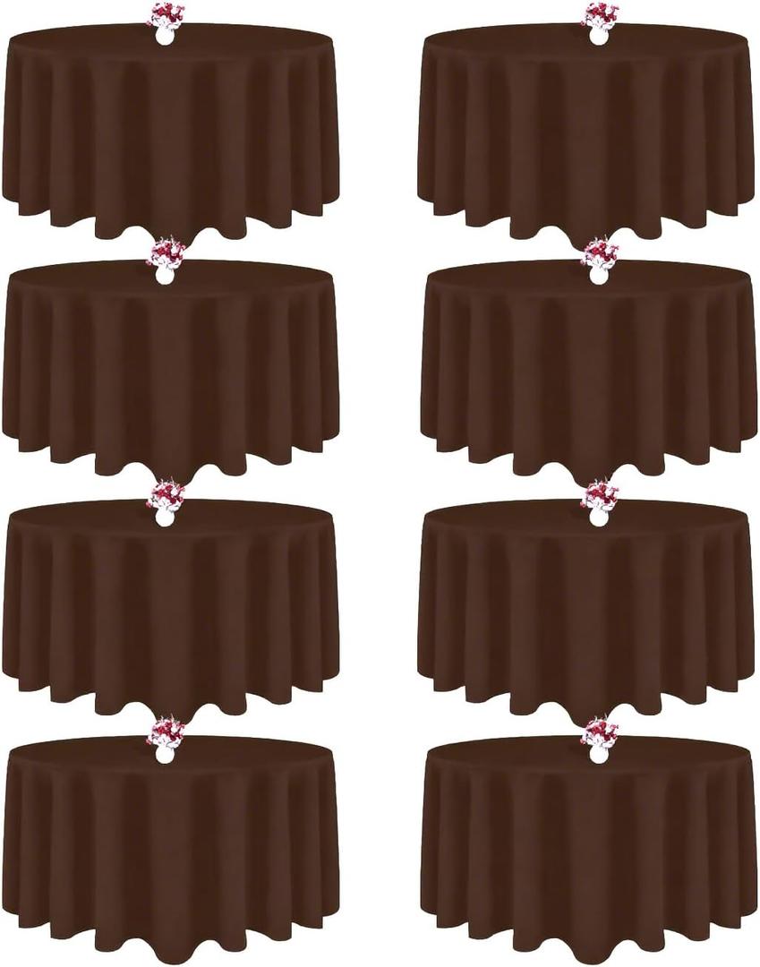 8 Packs 120 Inch Brown Round Tablecloth in Diameter, Washable Polyester Fabric Tablecloths, Wrinkle Resistant Table Cloth for Wedding Party Banquet Dining