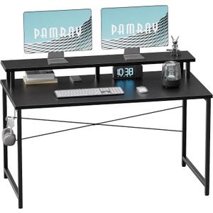Pamray 47 Inch Small Computer Desk with Monitor Stand, Simple Office Desk with Headphone Hook for Small Spaces, Kids Study Writing Table for Bedroom, Black