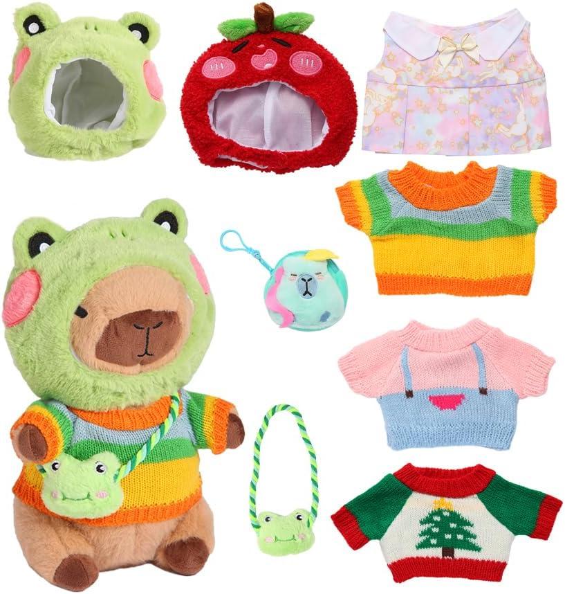 Kawaii Capybara Plush with 9 pcs Clothes & Accessories, 10.2 in Capybara Plushie with Outfits Capybara Stuffed Animal Plush Toys for Kids Boys Girls