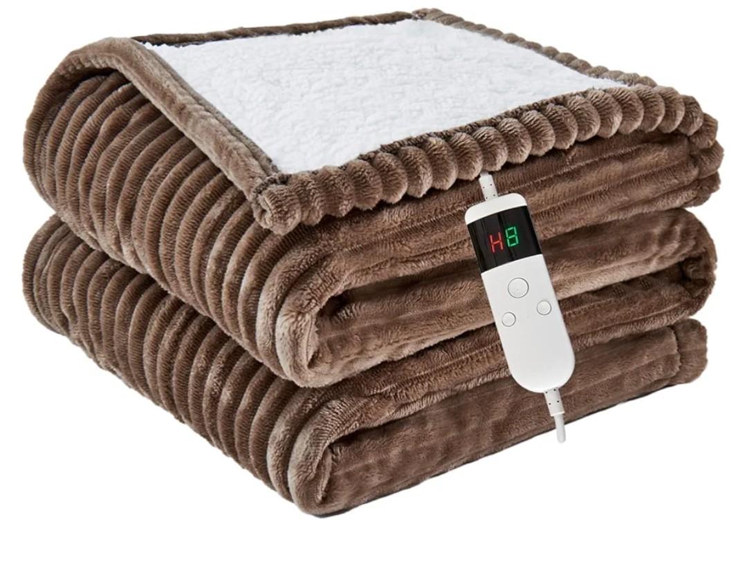 Heated Blanket Electric Throw, Soft Flannel Heating Blanket with 8 Hours Auto Off 10 Fast Heating Levels Machine Washable Sherpa Heated Blanket with Overheating Protection