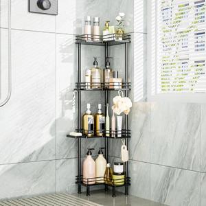 Consumest Corner Shower Caddy Standing - 4-Tier Stainless Steel Shower Organizer with Soap Holder and 4 Hooks, Large Capacity Corner Shelf Stand for Bathroom, Rest Room, Black