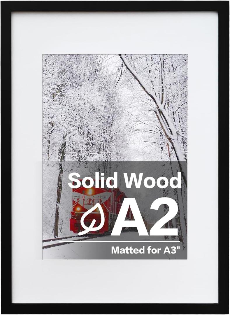 Egofine A2 Solid Wood Picture Frame, Made of Solid Wood Covered by Plexiglass A3 with Mat 16.5 x 23.4 without Mat, Poster Frame for Wall Mounting Hanging Photo Frame Vertically or Horizontally, Black