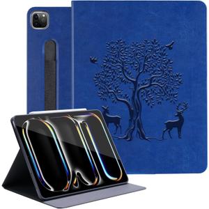 HFcoupe for M4 iPad Pro 13 inch Case 2024, Book Style iPad Pro 7th Generation Cover with Elastic Pencil Holder, Magnetic Closure, Auto Wake/Sleep Embossed Protective Folio for iPad pro 13", Navy