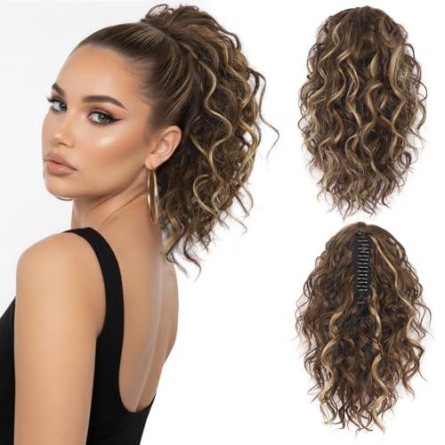 12 Inch Curly Ponytail Extension - Clip in Ponytail Hair Extensions, Natural Claw Clip Ponytail Extension, Synthetic Clip on Ponytails for Women (Color: Chestnut Brown with Blonde Highlights)