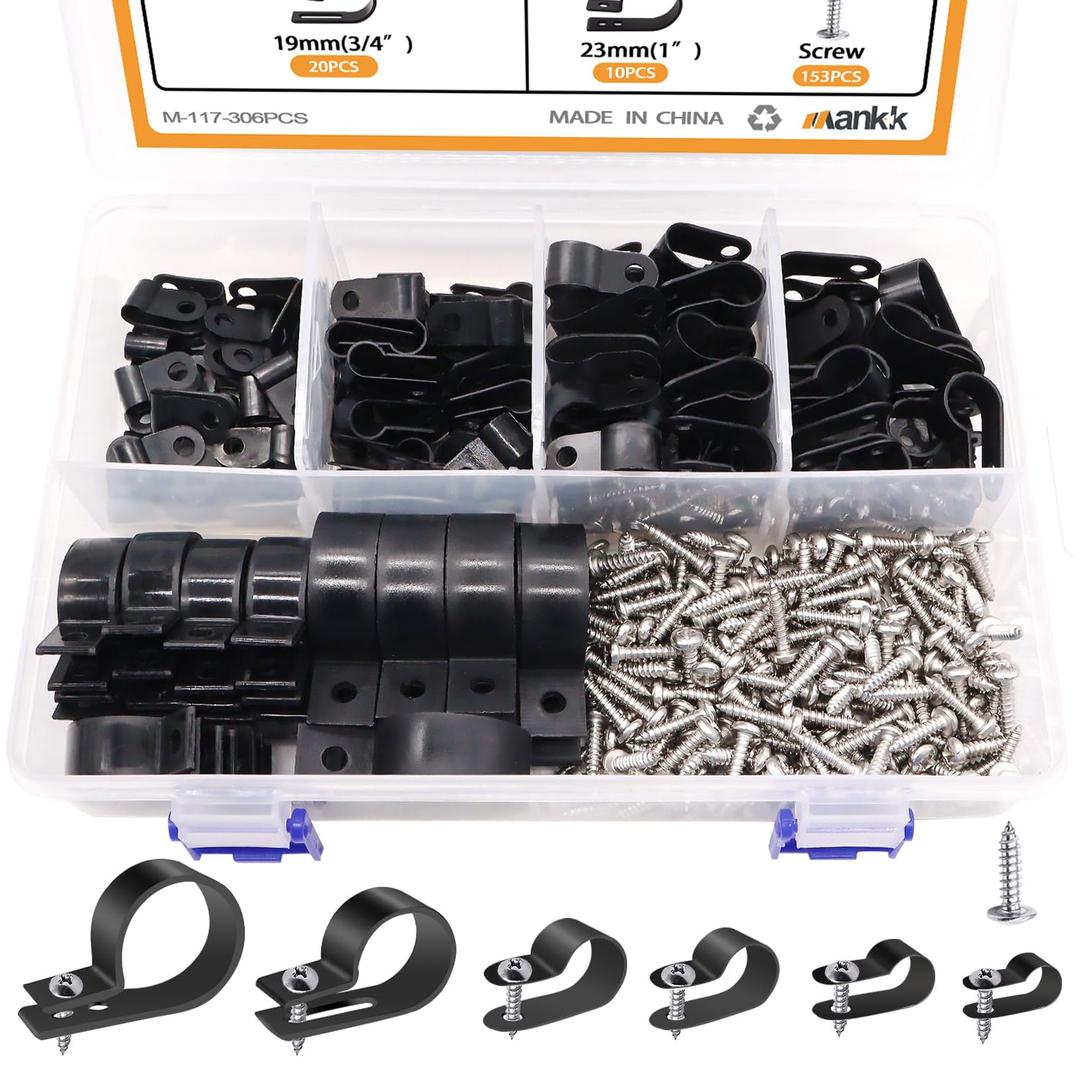 mankk 306PCS Cable Clips Wire Clips Assortment Kit Nylon Plastic R-Type Cable Clamps Wire Mounting Clips 6 Sizes 3/16'' 1/4'' 3/8'' 1/2'' 3/4'' 1'' with Screws for Cable Management
