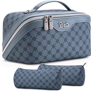BOYATU Travel Makeup Bag Cosmetic Bags for Women: 3 Pcs Set Large Capacity Make up Bag with Handle - Vegan Leather Toiletry Bags with Compartments - Makeup Organizer for Travel Essentials(A-4-Blue)