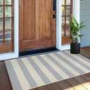 OJIA Outdoor Porch Rug Front Door Mat 24'x51, Washable Checkered Entry Striped Front Door Rug Cotton Woven Kitchen Carpet Small Area Rug for Entryway Patio Bedroom Bathroom (Blue/ White/ Tan)