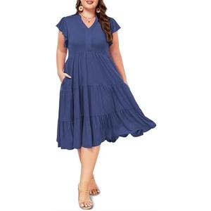 Moon Wood Womens Plus Size V Neck Ruffle Midi Dress 2025 Summer Casual Flowy Tiered Dresses with Pockets 3XL