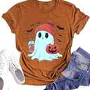 Halloween Ghost T-Shirt Womens Fall Pumpkin Graphic Shirt Spooky Season Tee Halloween Party Outfit Cute Coffee Clothing (Brown1, L)
