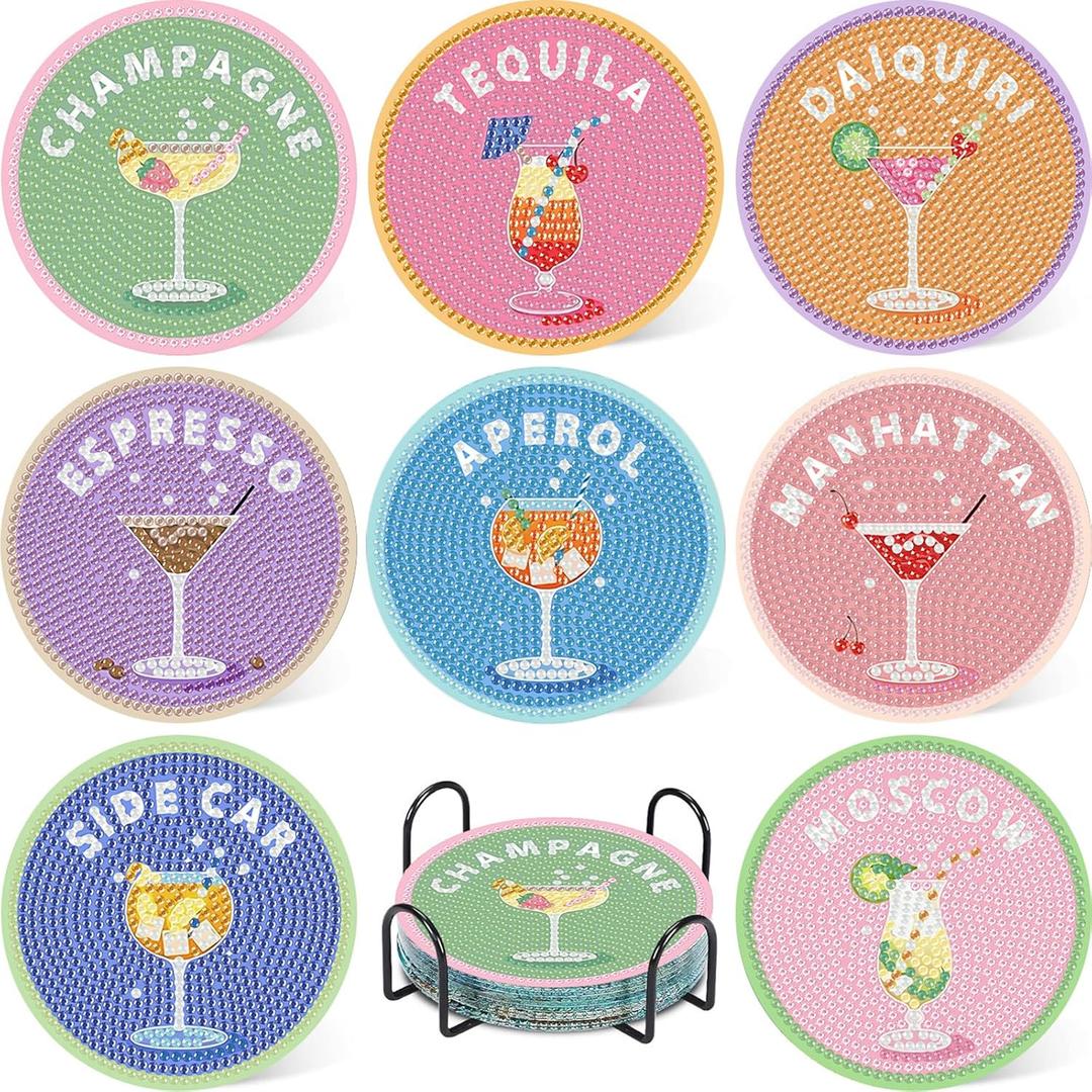 8 Pcs Cocktail Diamond Art Coasters Kit for Adults, Cocktail Diamond Painting Coasters with Holder, 5D Gem Art DIY Crafts Diamond Dots for Gift Life