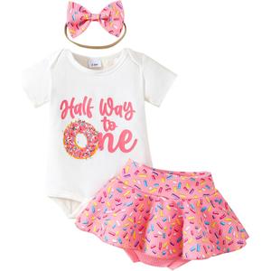 Baby Girl Half Birthday Outfit Half Way to One Romper+Skirt Shorts+Headband Cake Smash Clothes Set (3-6 Months)