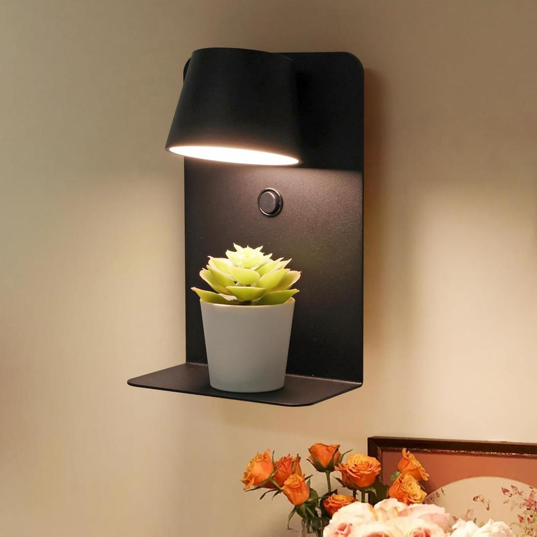 DEC LUCE DECOLUCE LIGHTING Modern LED Plug in Wall Sconce, Dimmable Wireless Wall Light Fixtures with Shelf and USB Port, 6W,600LM, Rotatable Small Reading Wall Lamp for Bedroom Bedside, Black