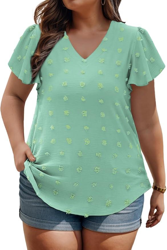 VISLILY Womens-Plus-Size-Summer-Tops Ruffle Short Sleeve V Neck T Shirts Cute Swiss Dot Blouses Casual Tunics Tee 3XL