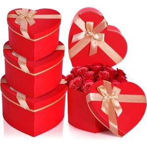 Red 4 Pcs Valentines Heart Shaped Gift Box with Lid for Flower Arrangement Large Present Gift Box for Valentine's Day Wedding Birthday Anniversary Party (Red, Classic)