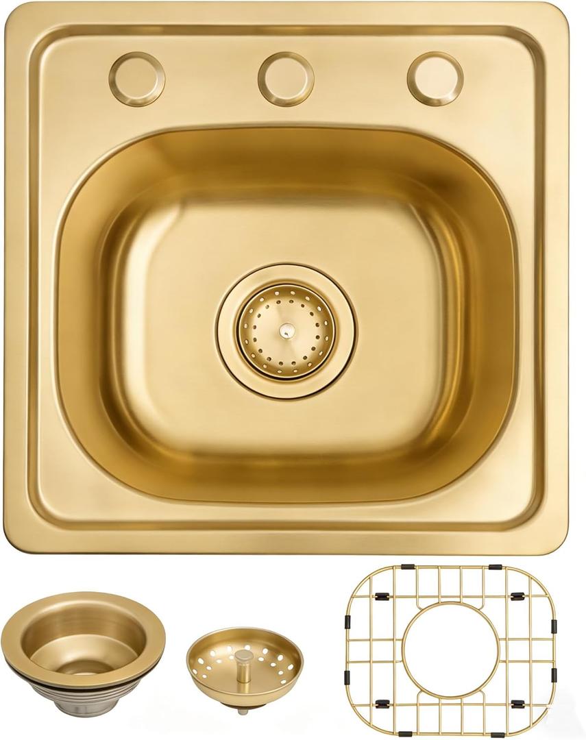 MILOSEN 15 x 15 inch Gold Drop in Bar Sink, T304 Stainless Steel Topmount RV Small Kitchen Sinks, Gold Deep Outdoor Single Bowl Wet Bar&Prep Sinks with Strainer, Brushed Nickel