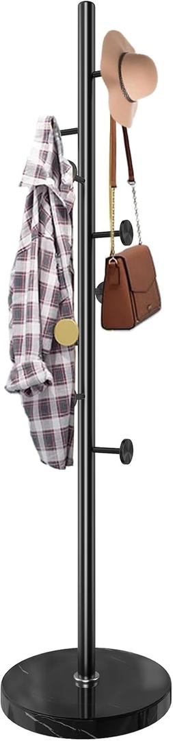 Modern Metal Coat Rack Stand, Coat Rack Freestanding with Natural Marble Base, Sturdy Heavy Duty Coat Racks with 8 Hooks, Black Coat Hall Tree Stand for Entryway, Office
