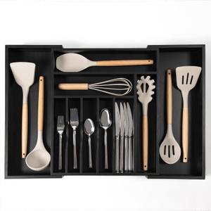Premium Silverware, Flatware and Utensil Organizer for Kitchen Drawers, Food-Safe Contract Grade, Expandable from 14.5 to 25 In, Black Bamboo (De 35 cm  63 cm noir)