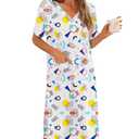 YYA Loose Nightgowns for Women Short Sleeve Sleepwear V Neck Nightshirt with Pockets Soft Pajama Dress White Print S (White, S)