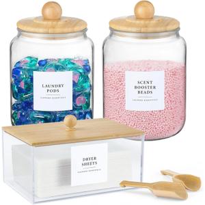 Glass Jars and Dryer Sheet Holder with Bamboo Lids, Dispenser Set and Labels, Containers for Laundry Room Organization and Storage, Half Gallon Airtight jars, Acrylic Storage Box for Laundry supplies
