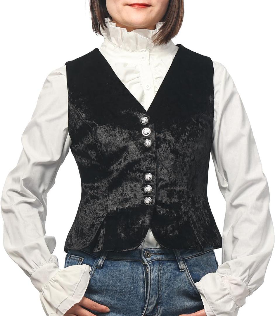 Vintage Velvet Vest for Women V-Neck Cropped Sleeveless Dressy Waistcoat Casual Tops (Black)