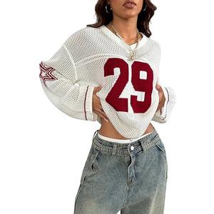Women's V-Neck mesh Knitted Fashionable Casual Sweater, White and Burgundy, Star Design M