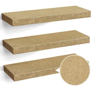 Alsonerbay Rattan Floating Shelves for Wall Set of 3, 15.7 Inch Wood Shelves Wall Mounted with Invisible Brackets for Bedroom Living Room Nursery and More