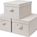 StorageWorks Fabric Storage Bins with Lids, Decorative Storage Bins with Soft Handles, Foldable Storage Baskets for Closet, Shelves, Stackable and Sturdy Organization, Khaki Stripe, Large, 3-Pack