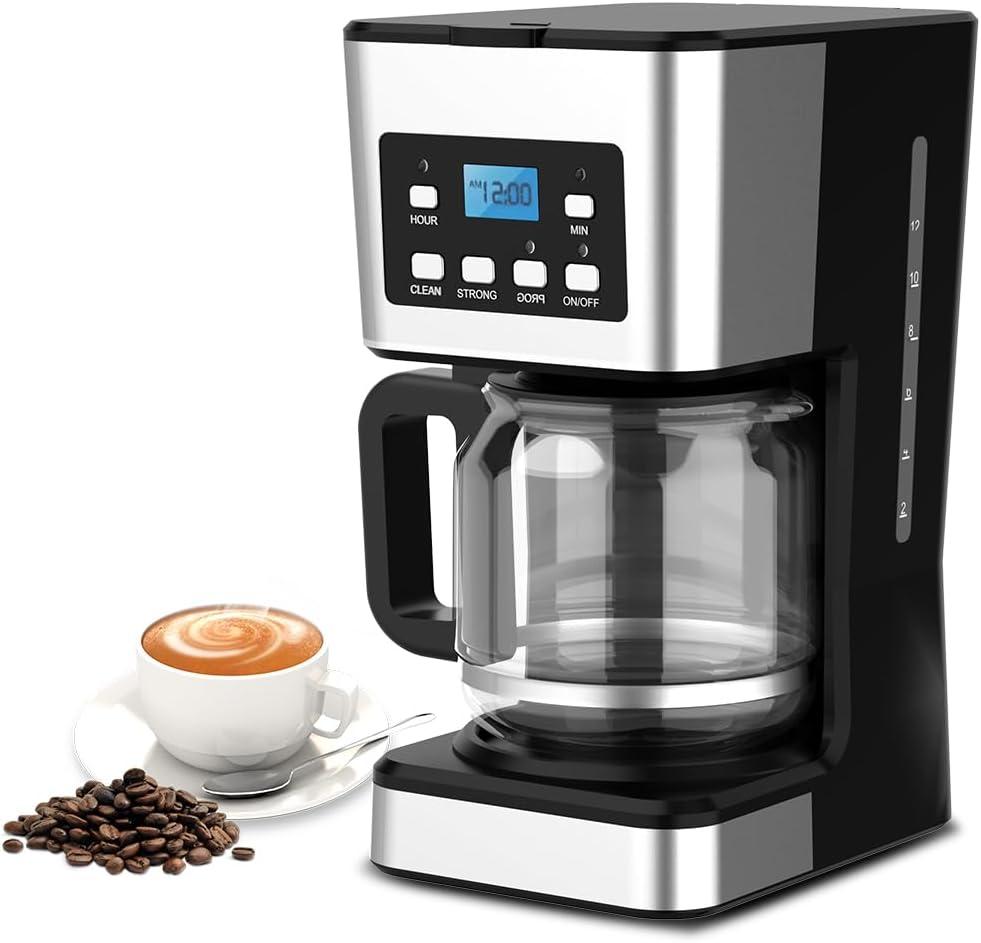 12-Cup Programmable Coffee Maker, Regular & Strong Brew Drip Coffee Machine for Home and Office, Glass Carafe, Pause & Serve, Auto Shut Off, Gray & Stainless Steel (Black)