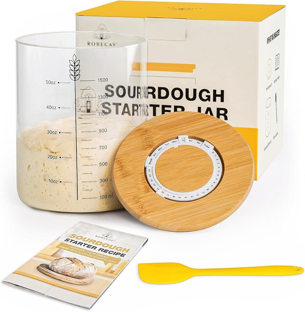 rorecay 50oz Sourdough Starter Kit with Time Keeper, High Borosilicate Glass Sourdough Starter Jar, Wide Mouth Sour Dough Crock with Lid & Spatula & Recipe for Beginners and Professional Bakers